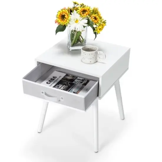 Costway Mid-Century Nightstand End Accent Bedside Table W/ Fabric Drawer Rustic White image {9}