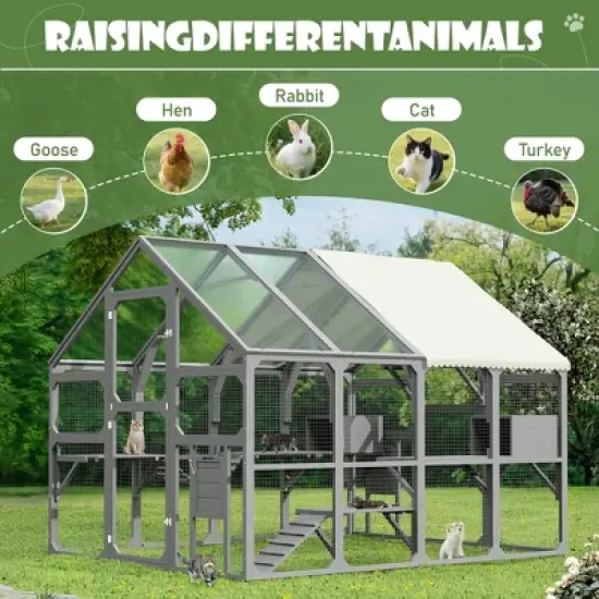 YOOCOZZ Large Catio Outdoor Cat Enclosure, Wooden Cat House with 7 Platforms, 2 Resting Boxes, 1 Bridge and 1 Ramp, Sunshine Board Roof-Gray image {5}