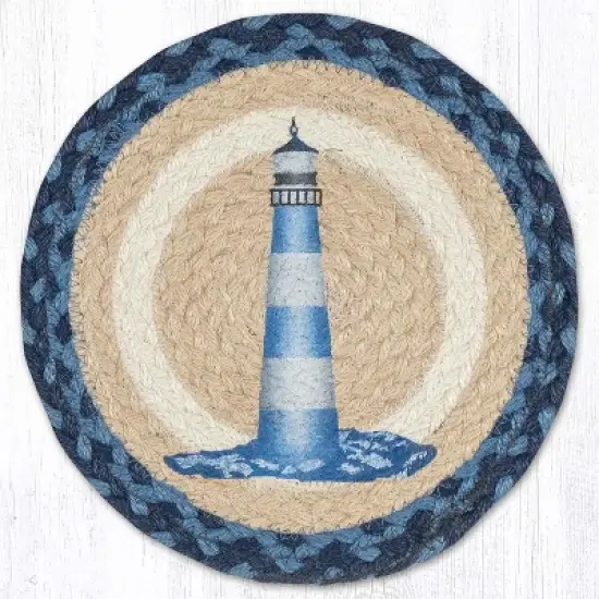 Earth Rugs Blue and White Lighthouse Round Trivet &ndash; 10" Nautical Print on Braided Natural Jute image {3}