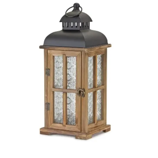 HomeRoots Set of Two Brown and Black Frosted Glass Wood and Metal Floor Lantern Candle Holders image {4}