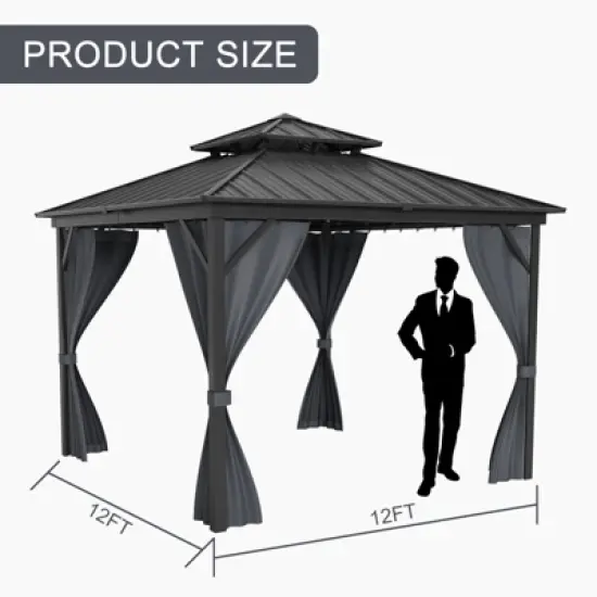 12x12FT Hardtop Gazebo, Aluminum Frame w/ Double Galvanized Steel Roof, Outdoor Metal Pavilion w/ Netting Curtains for Patio, Garden, Lawn, Backyard image {3}