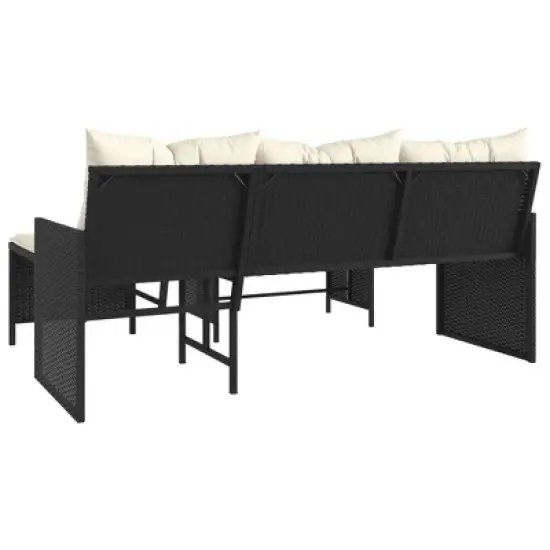 vidaXL L-Shaped Patio Sofa Set - Black Poly Rattan Outdoor Furniture with Acacia Wood Table and Cream White Cushions image {6}