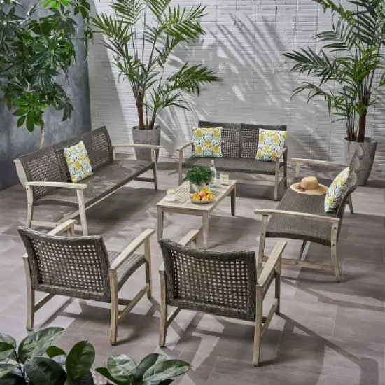 Christopher Knight Home Hampton Outdoor Acacia Wood and Wicker 10 Seater Sofa and Loveseat Chat Set image {10}