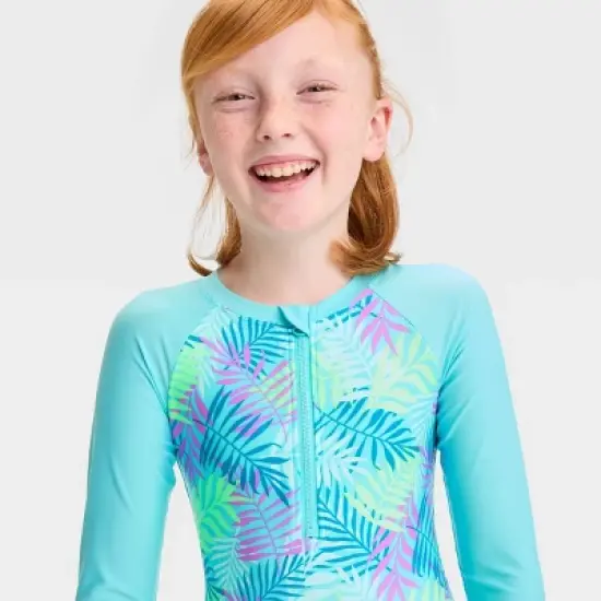 Girls' 'Beachy Palms' Leaf Printed One Piece Rash Guard Swimsuit - Cat & Jack&trade; Light Blue image {1}