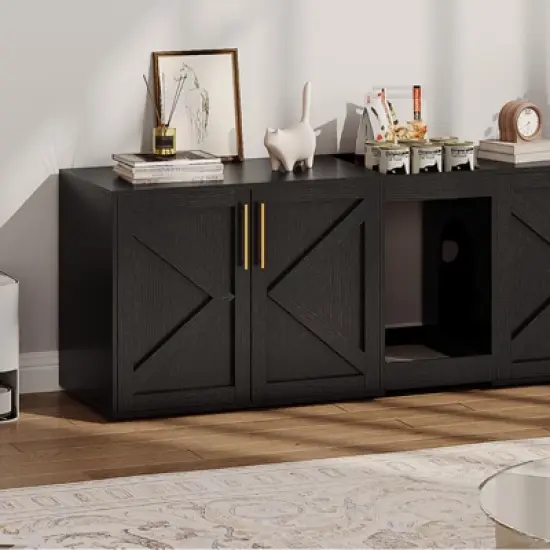 Cat Litter Box Enclosure with Double Room, Modern Wood Cat Washroom Furniture with Pad image {6}