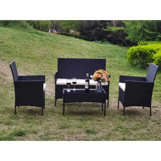 4-Piece Outdoor Patio Furniture Set, Wicker Rattan Sectional Sofa with Thick Cushions & Table for Garden, Yard, Porch image {1}
