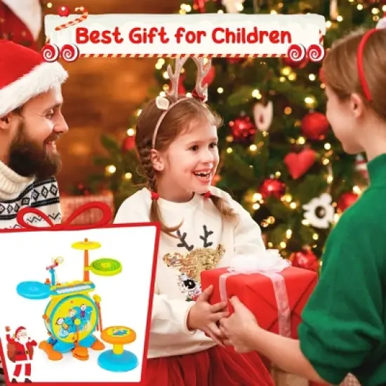 Costway 2-in-1 Kids Electronic Drum Kit Music Instrument Toy w/ Keyboard Microphone Blue image {6}