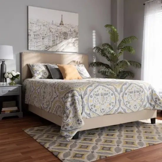 Ramon Linen Panel Bed with Nailhead Trim - Baxton Studio image {5}