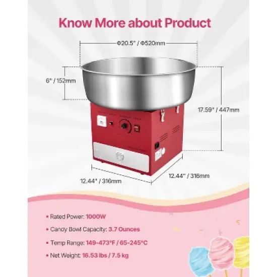 VEVOR Electric Cotton Candy Machine, 1000W Commercial Candy Floss Maker with 20.5 in Stainless Steel Bowl, Sugar Scoop, and Drawer, Red image {7}