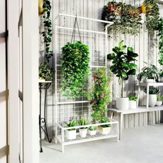 Resenkos Garden Arch Plant Support Trellis,Metal Tall Plant Stand with Trellis and Hanging Bar, 35" x 12.8" x 74", White image {2}