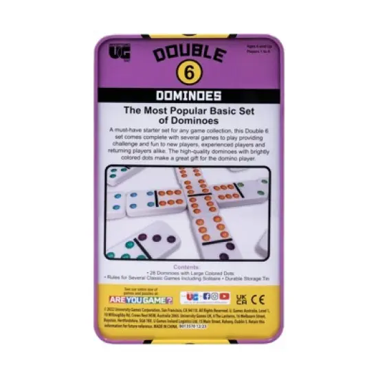 University Games Double 6 Basic Dominoes Board Game: Patterns, 1-4 Players, Game Time 20-40 Minutes, Storage Tin image {4}