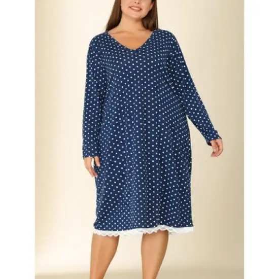 Agnes Orinda Women's Plus Size Polka Dots Lace Long Sleeve Nightgown image {1}