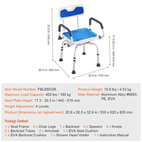 VEVOR Swivel Shower Chair 360 Degree, Adjustable Shower Seat with Pivoting Arms, Non-Slip Rotating Bathtub Shower Chair, 400LBS Capacity, White+Blue image {7}