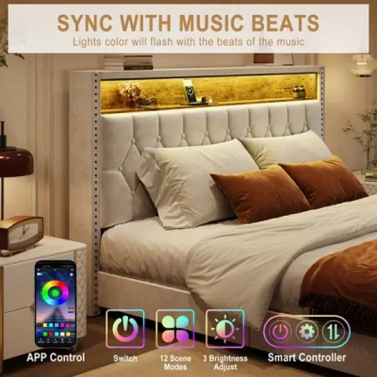 Whizmax Velvet Upholstered Platform Bed Frame With Storage Headboard, Nailhead Trim Wingback Headboard, Wood Slats Support, Off White image {3}