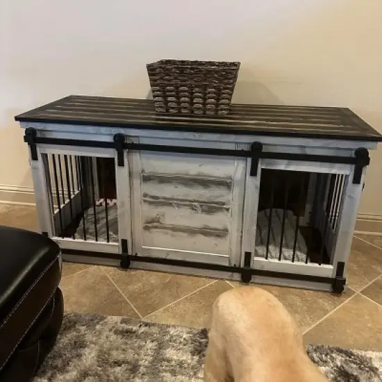 Erommy 62.5" Dog Crate Furniture, Dog Kennel TV Cabinet with Sliding Door, Heavy Duty Wooden Dog Cage for X-Large Dog image {3}