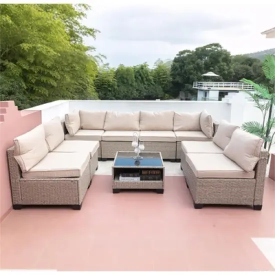 GDFStudio Lee Outdoor 8-Seater Rattan and Metal Upholstered Sectional Sofa Set with Coffee Table image {7}