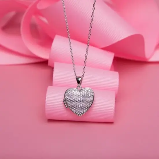 Girls' Pave Heart CZ Sterling Silver Locket Necklace - In Season Jewelry image {3}