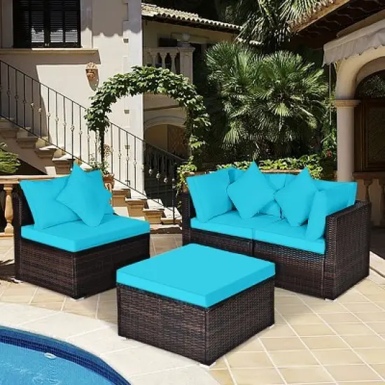 Tangkula 4-Piece Outdoor Rattan Sofa Set Sectional Conversation Couch Ottoman Turquoise/Red image {2}