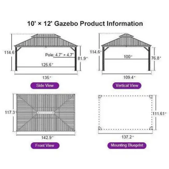 PURPLE LEAF Outdoor Hardtop Gazebo for Patio Galvanized Steel Double Roof Permanent Canopy Teak Finish Aluminum Frame Pavilion Gazebo with Netting image {1}
