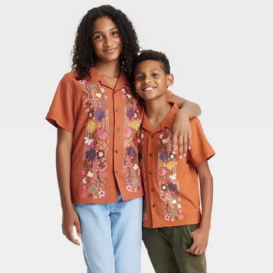 Latino Heritage Month Kids' Short Sleeve Floral Woven Button-Down Shirt - Orange image {3}