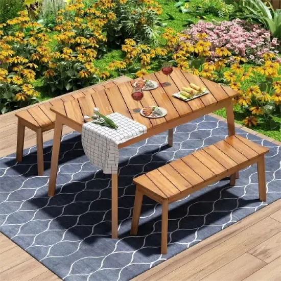 3 Pieces Acacia Wood Patio Dining Set with Large Table, Outdoor & Indoor Furniture with 2 Benches, Picnic Table Set - Maison Boucle image {8}