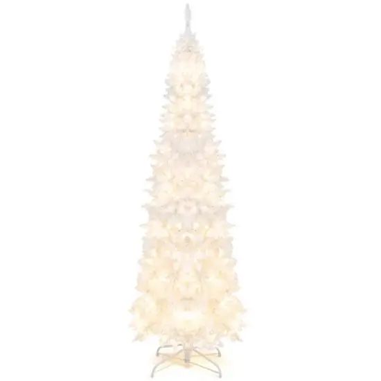 Costway 7FT Pre-Lit Hinged Pencil Christmas Tree White w/ 300 LED Lights & 8 Flash Modes image {1}