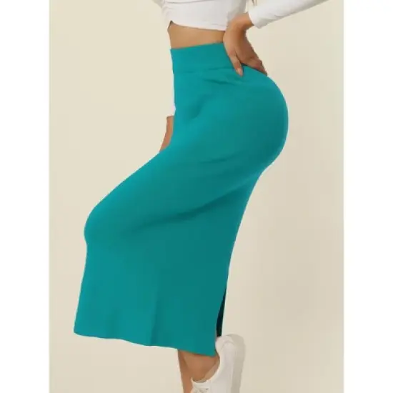 Seta T Women's Elastic High Waist Midi Basic Skirt Slit Hem Stretchy Ribbed Knit Bodycon Midi Skirts image {1}