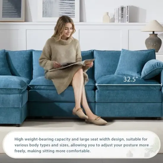 YOOCOZZ Double-Cushion Chenille Sectional Sofa with 2 Movable Ottomans and Armrest Pillows image {5}