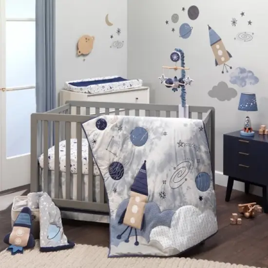 Lambs & Ivy Sky Rocket Blue Stars/Galaxy/Space 100% Cotton Fitted Crib Sheet image {3}