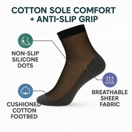 Women&rsquo;s 3- Pack Non-Slip Sheer Ankle Socks &ndash; Breathable Nylon with Cushioned Cotton Sole image {4}