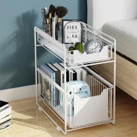 Pull Out Cabinet Organizer, 2-Tier Storage Wire Baskets with Sliding Storage Drawer, Carbon Steel Sliding Drawer Shelf Baskets image {7}