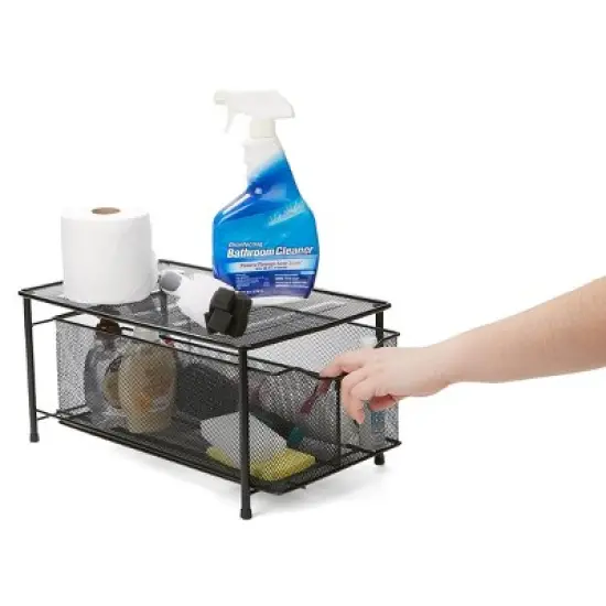 Mind Reader Storage Basket and Organizer [METAL MESH] 3-Compartment Pull-out / Sliding Organizing Drawer, Under the Sink Kitchen and Bathroom Shelf Cabinet (BLACK) image {8}