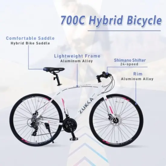 INFURNIC Bicycles 24 Speed Hybrid Road Bike with Disc Brakes and Aluminum Rims for City Riding, White, 67.32"*14.56"*39.37" image {2}