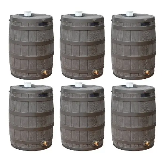 Good Ideas Rain Wizard 50 Gallon Plastic Rain Barrel Water Collector with Brass Spigot, Oak (6 Pack) image {6}