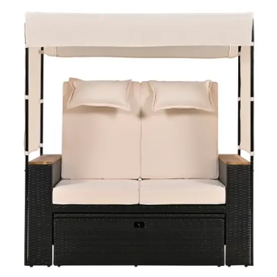 Whisen Outdoor Rattan Daybed, Patio Loveseat Sofa with Bench Lounge and Cushions image {2}