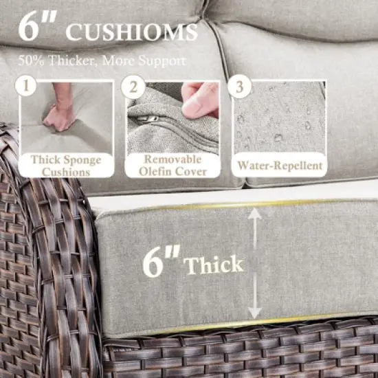 Belord 6" Thick Cushion High Back Outdoor Wicker Patio Sofa, All Weather Wicker Furniture 3-Seater Sofa Patio Couch for Porch image {6}