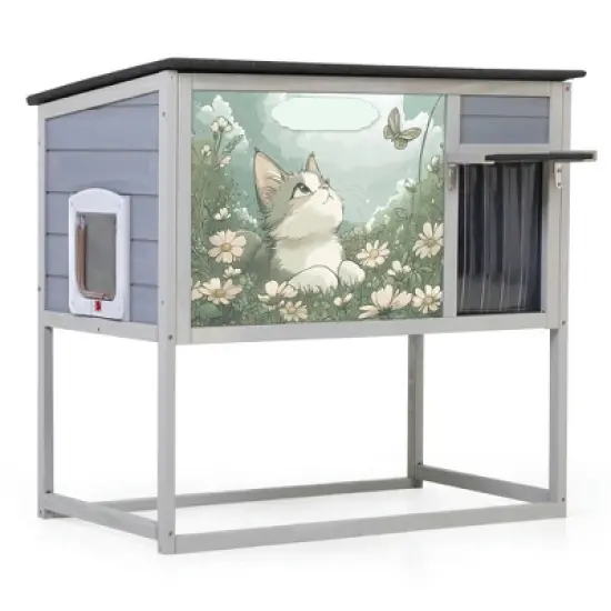 Resenkos Elevated Cat Shelter, Weatherproof Feral Home With High Legs, Curtained & Escape Door, Openable Top, Gray image {3}