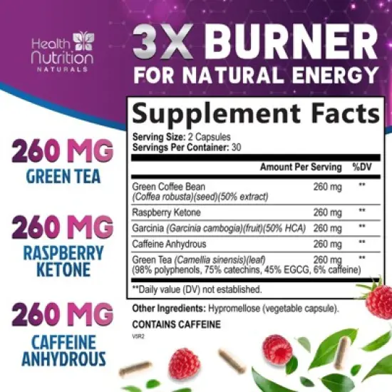 Green Tea Extract Pills - 98% Standardized EGCG 1300mg 3X Strength for Natural Energy - Supports Heart & Antioxidant Health Herbal - 60 Capsules image {1}