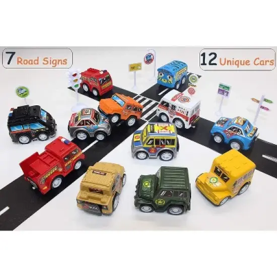 Link Ready! Set! Go! 12 Piece Pull Back And Go Toy Cars Comes With Educational Road Signs image {2}