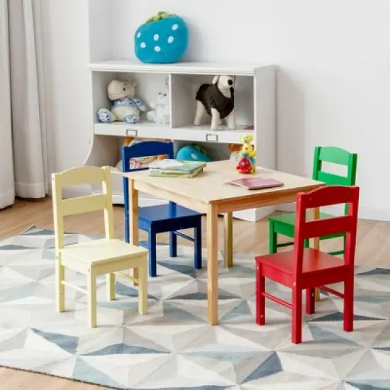 Costway Kids 5 Piece Table Chair Set Pine Wood Multicolor Children Play Room Furniture image {3}