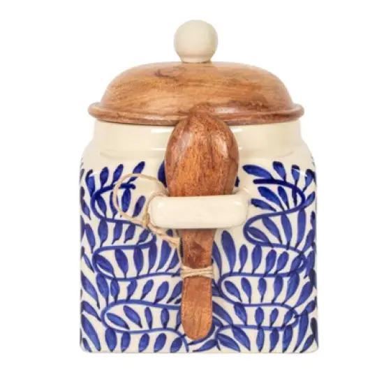 Storied Home Hand-Painted Stoneware Canister with Design, Acacia Wood Lid and Spoon, Cream, Blue and Natural image {3}