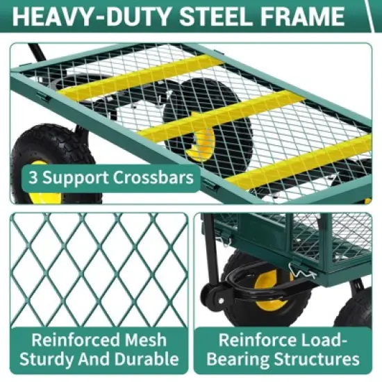 Heavy Duty Steel Garden Cart,550 LBS Capacity 3-in-1 Pullable Metal Wagon with 10" Pneumatic Wheels,180&deg;Rotating Handle & Removable Sides, Green image {6}