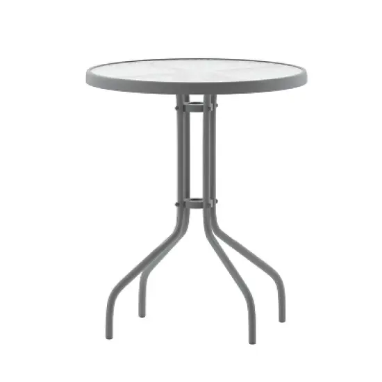 Emma and Oliver 23.75'' Round Glass Top Metal Table with 2 Aluminum Slat Stack Chairs image {3}