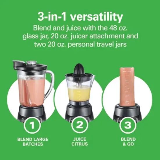 Hamilton Beach 3 in 1 Blend & Juice Glass 5-Speed Blender System Black 53524: Juicer, Smoothie Maker, Dishwasher Safe image {1}