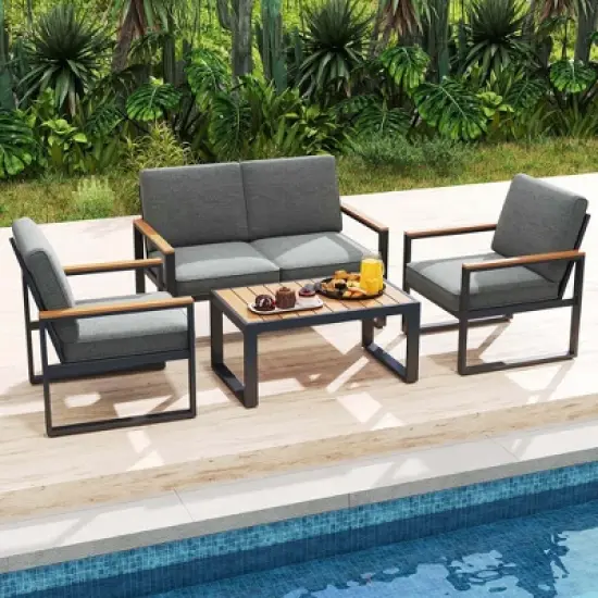 Costway 4 PCS Patio Aluminum Furniture Set Wood-Plastic Armrests & Tabletop for Balcony image {3}