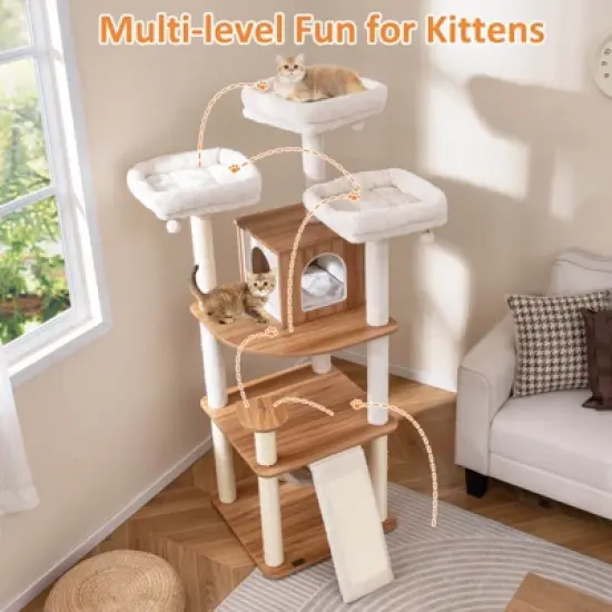 Costway 68&rdquo; Tall Cat Tree Wood Cat Tower w/ 3 Padded Perches Multi-Level Climbing Furniture image {4}