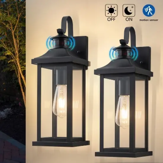 C Cattleya 2 Pack Matte Black Motion Sensor Dusk to Dawn Outdoor Wall Lights With Clear Glass image {1}