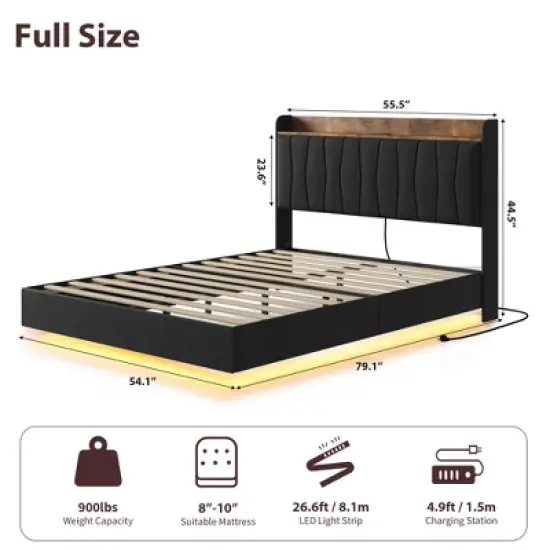 Floating Bed Frame King with LED Lights & USB Charging Station Upholstered Platform Bed with Headboard, Solid Wood Slats Support, No Box Spring image {5}