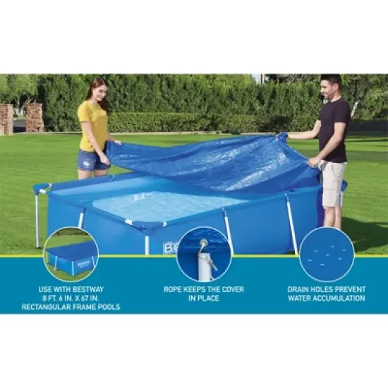 Bestway Flowclear Rectangle Pool Cover for Above Ground Swimming Pools with Drain Holes and Tie Down Ropes, Blue (Cover Only) (8 Pack) image {4}