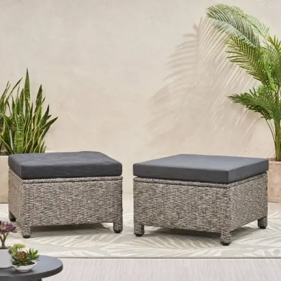 Puerta 2pk Outdoor Wicker Ottomans with Cushions - Black/Dark Gray - Christopher Knight Home image {1}